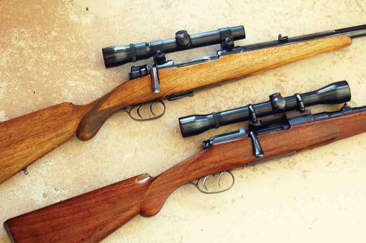 The most common cartridge rifles seen today with double-set triggers are the Mauser M98 (top) and the  Mannlicher-Schönauer (bottom).